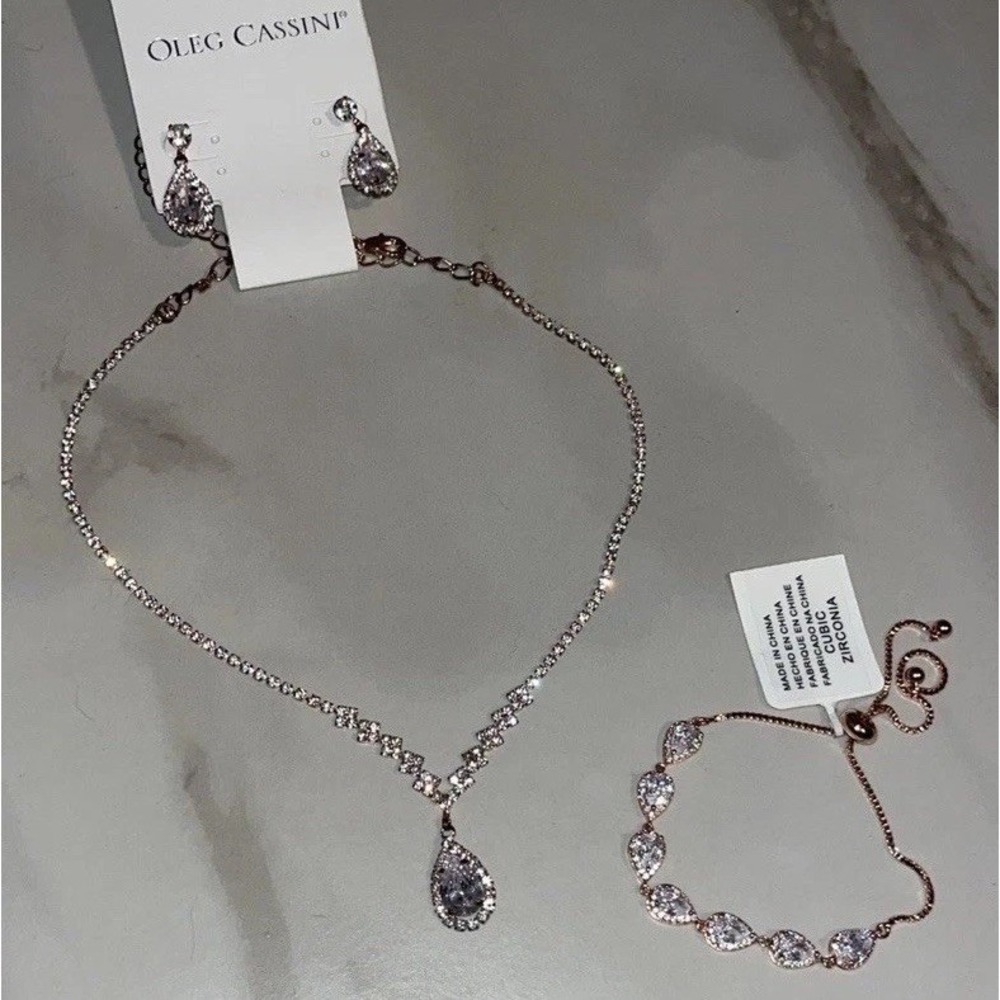 NWT Oleg Cassini Rose Gold Necklace Earrings + CZ Teardrop Bracelet Set